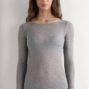 Intimissimi Boatneck Sheer Long Sleeve Top Size Small Grey w/ Cashmere